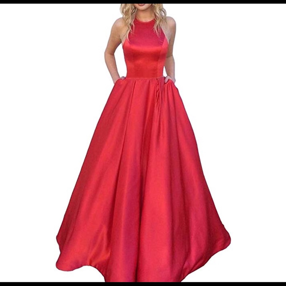 Long Satin Halter Aline Red Prom Dress